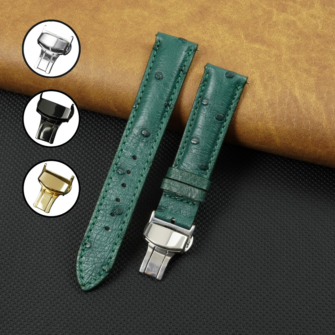 Green Ostrich Leather Watch Strap with Deployment Clasp