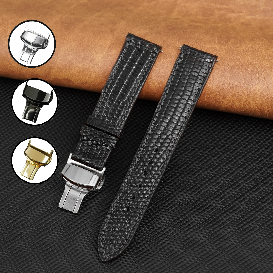 Black Flat Lizard Leather Watch Strap with Deployment Clasp