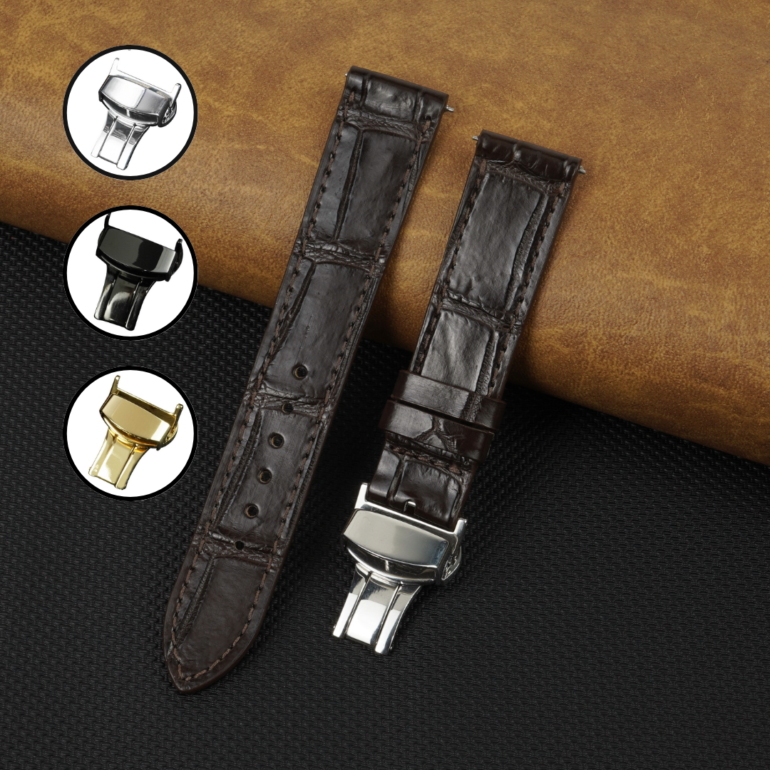 Dark Brown Flat Alligator Belly Leather Watch Strap with Deployment Clasp