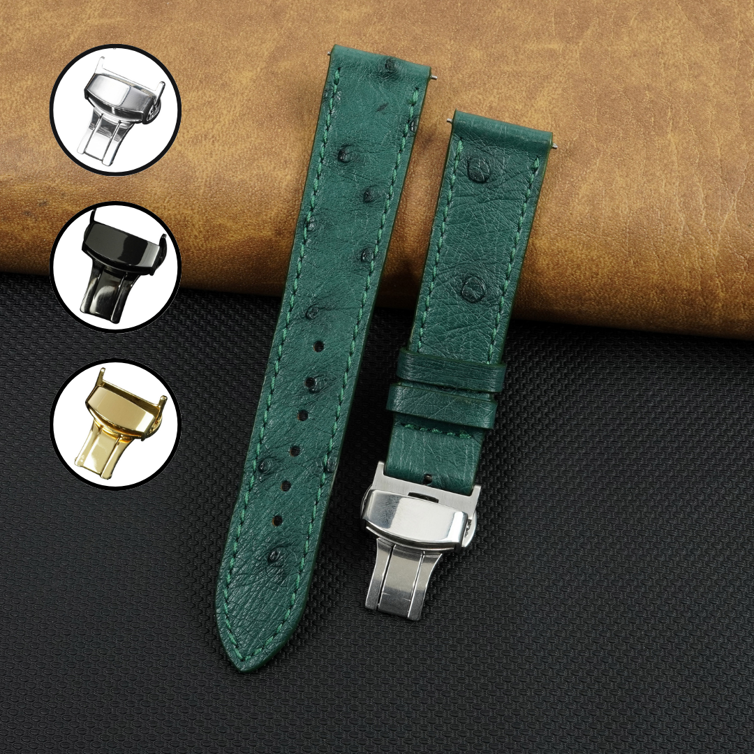 Slim Green FLat Ostrich Leather Watch Band width Deployment Clasp