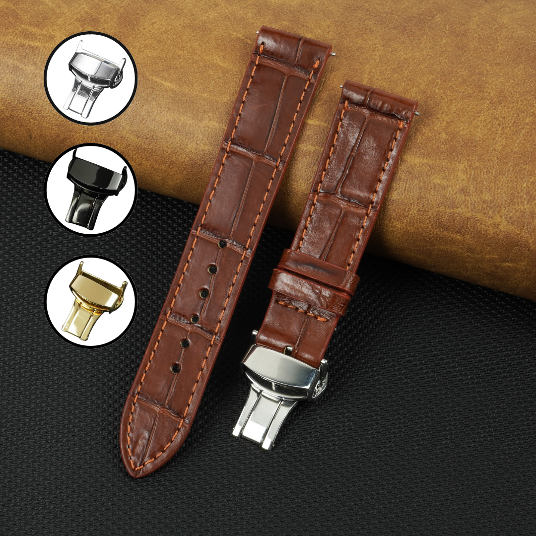 Light Brown Flat Alligator Belly Leather Watch Strap with Deployment Clasp