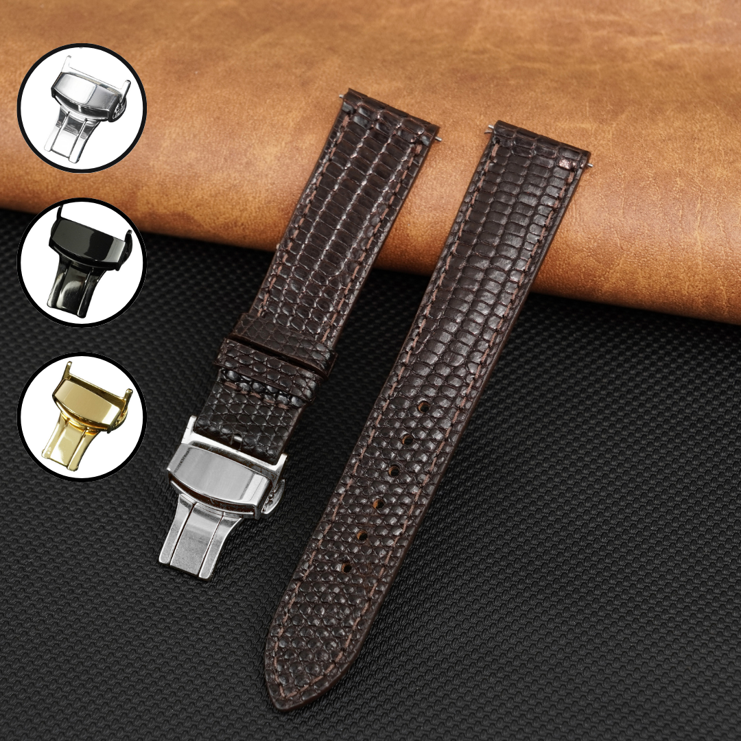 Brown Flat Lizard Leather Watch Strap with Deployment Clasp