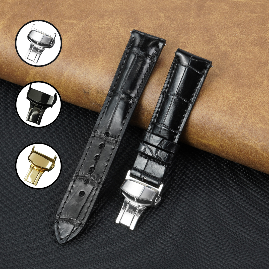 Black Alligator Leather Watch Strap with Deployment Clasp