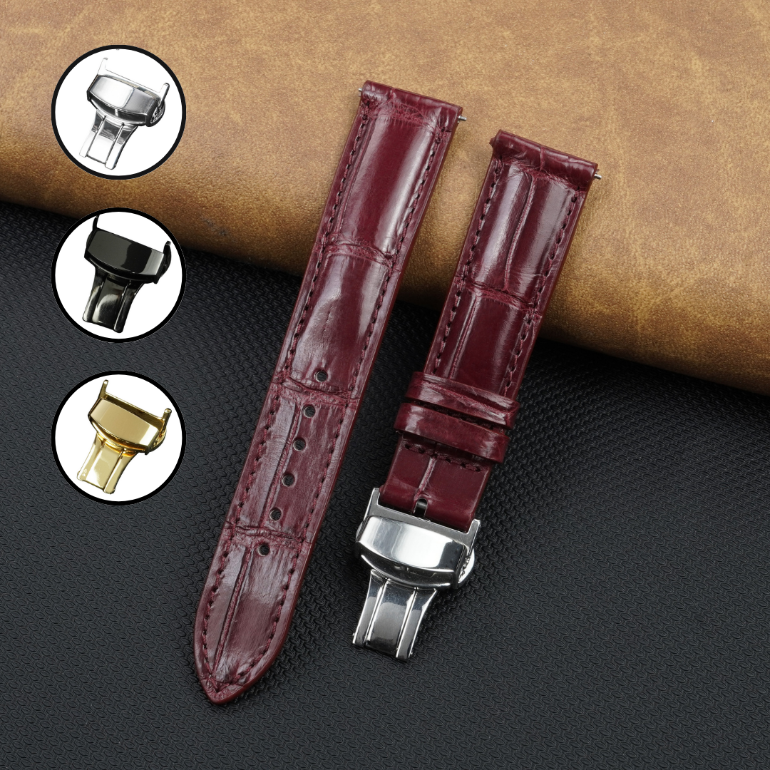 Burgundy Alligator Leather Watch Strap with Deployment Clasp