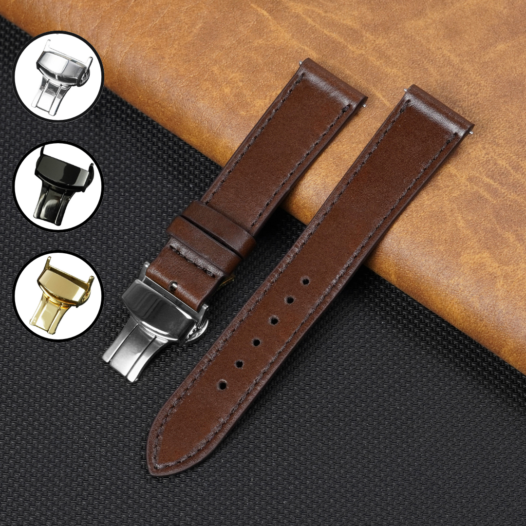 Brown Flat Full Grain Leather Watch Strap with Deployment Clasp