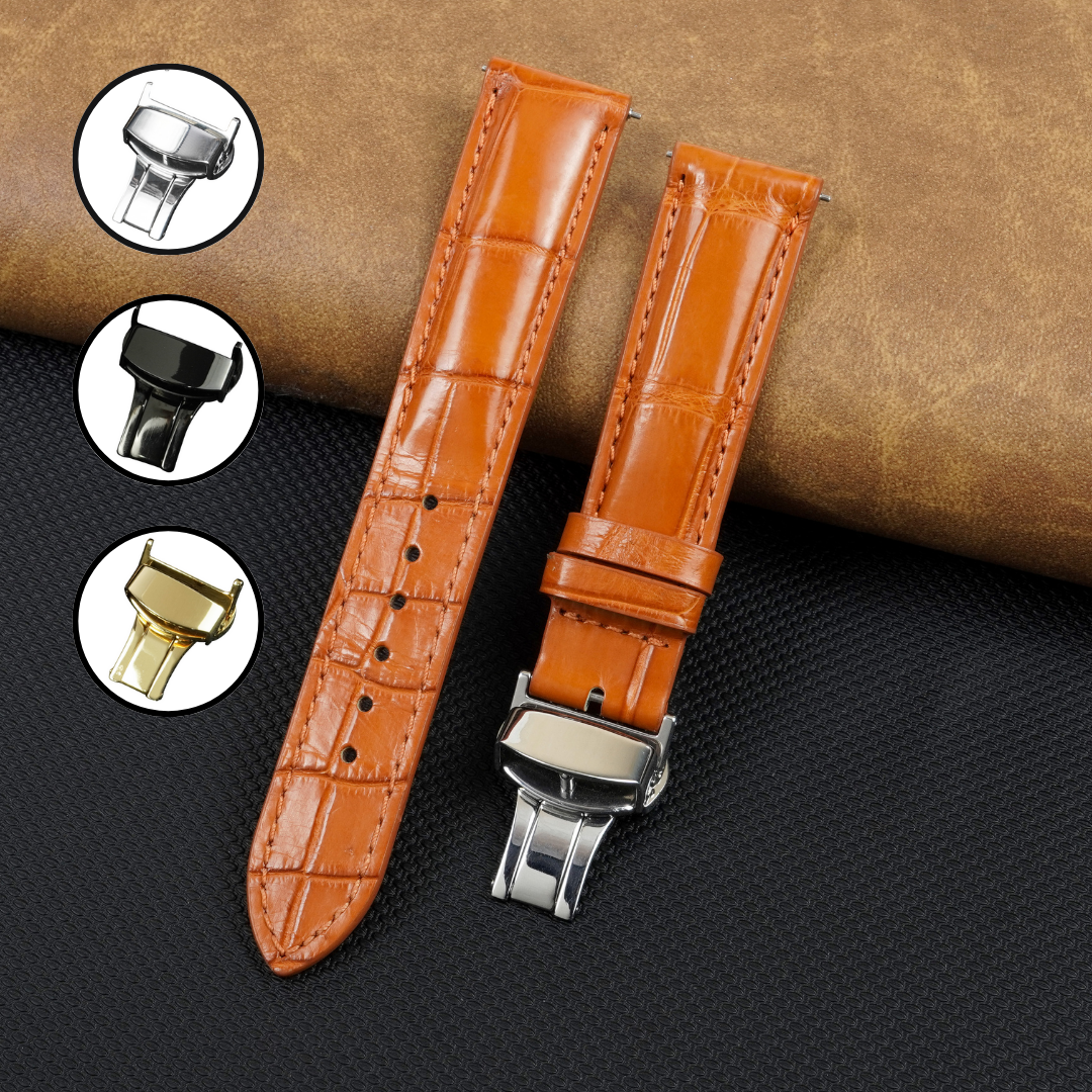 Orange Alligator Leather Watch Strap with Deployment Clasp