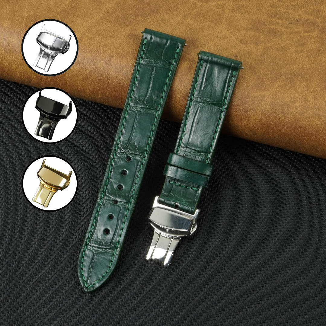 Green Flat Alligator Belly Leather Watch Strap with Deployment Clasp