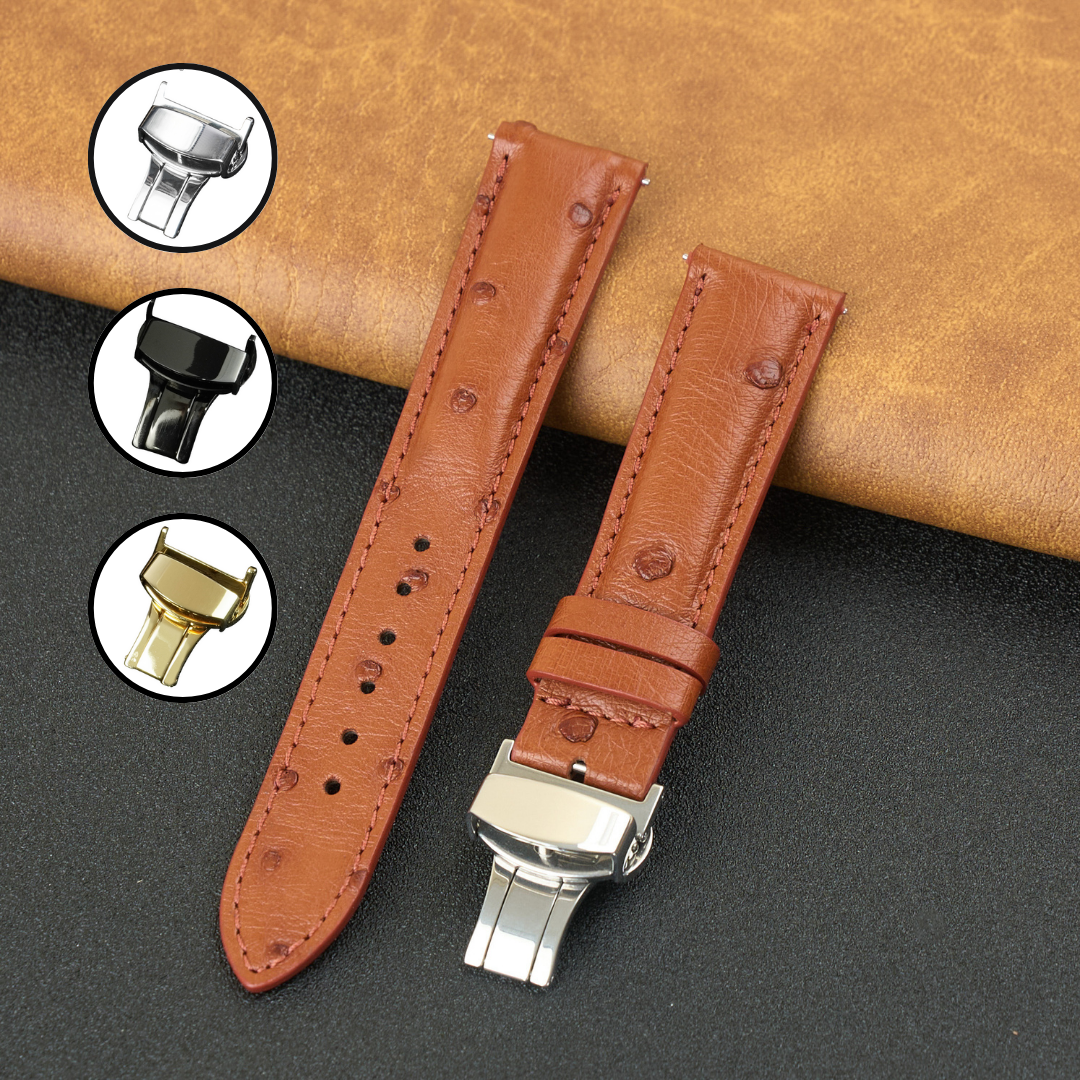 Brown Ostrich Leather Watch Strap with Deployment Clasp