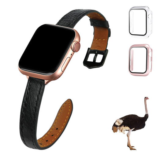 Black Flat Ostrich Leather Band Compatible Apple Watch Iwatch for Women| Black Buckle