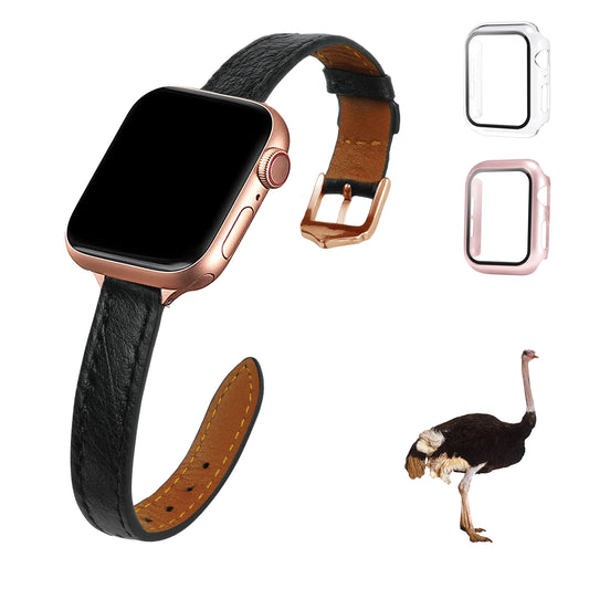 Black Flat Ostrich Leather Band Compatible Apple Watch Iwatch for Women| Gold Buckle
