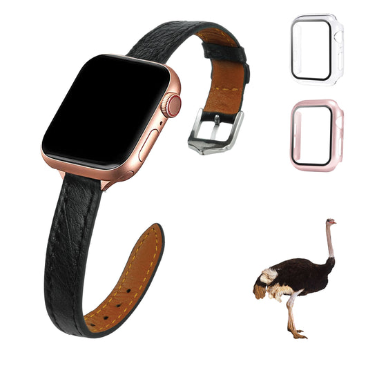 Black Flat Ostrich Leather Band Compatible Apple Watch Iwatch for Women| Silver Buckle
