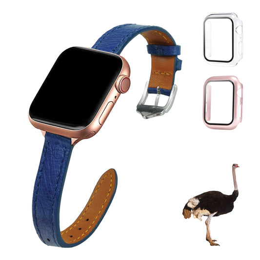 Blue Flat Ostrich Leather Band Compatible Apple Watch Iwatch for Women| Silver Buckle
