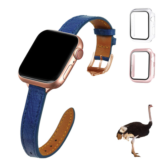Blue Flat Ostrich Leather Band Compatible Apple Watch Iwatch for Women| Gold Buckle