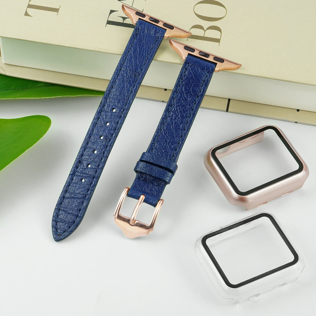 Blue Flat Ostrich Leather Band Compatible Apple Watch Iwatch for Women| Gold Buckle