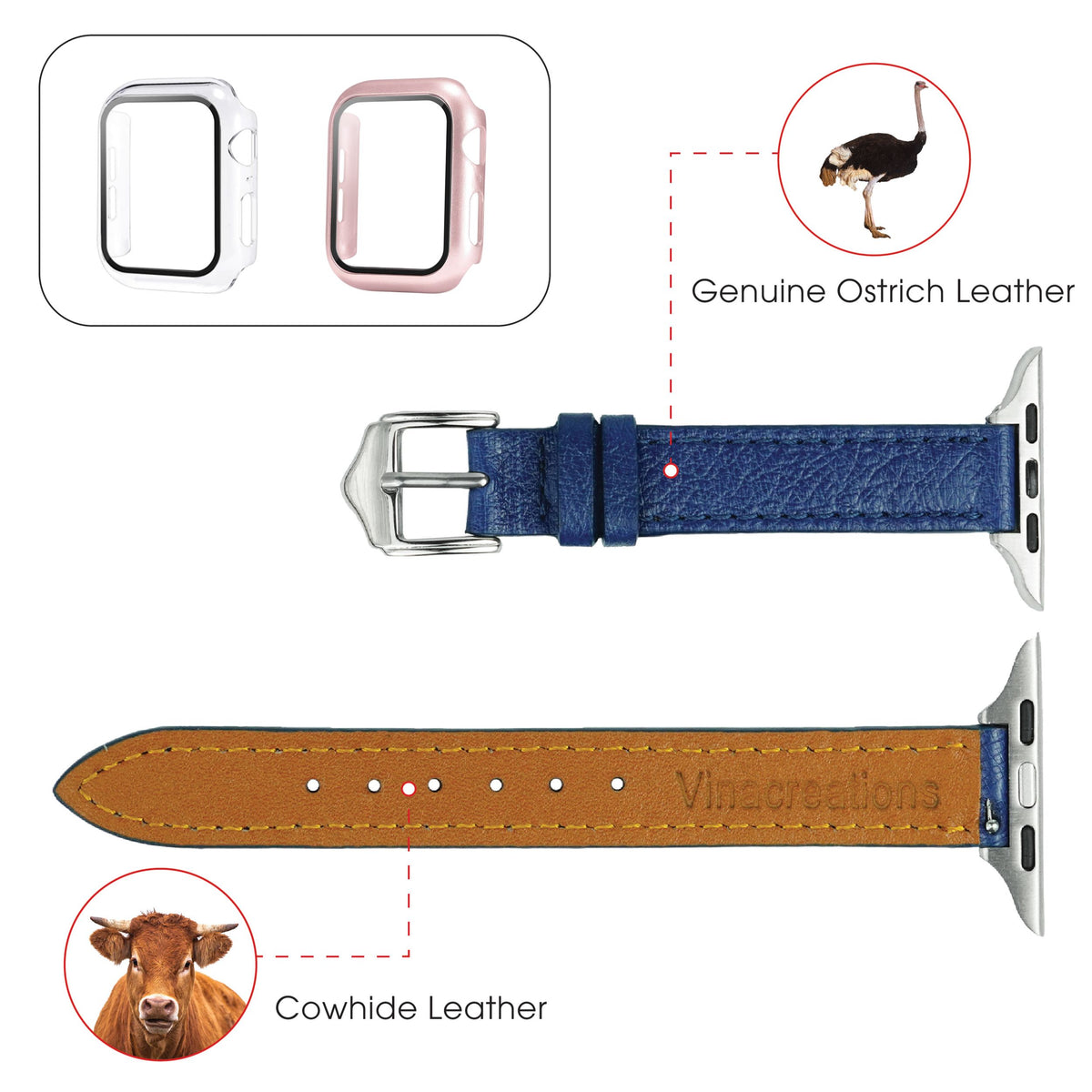 Blue Flat Ostrich Leather Band Compatible Apple Watch Iwatch for Women| Silver Buckle