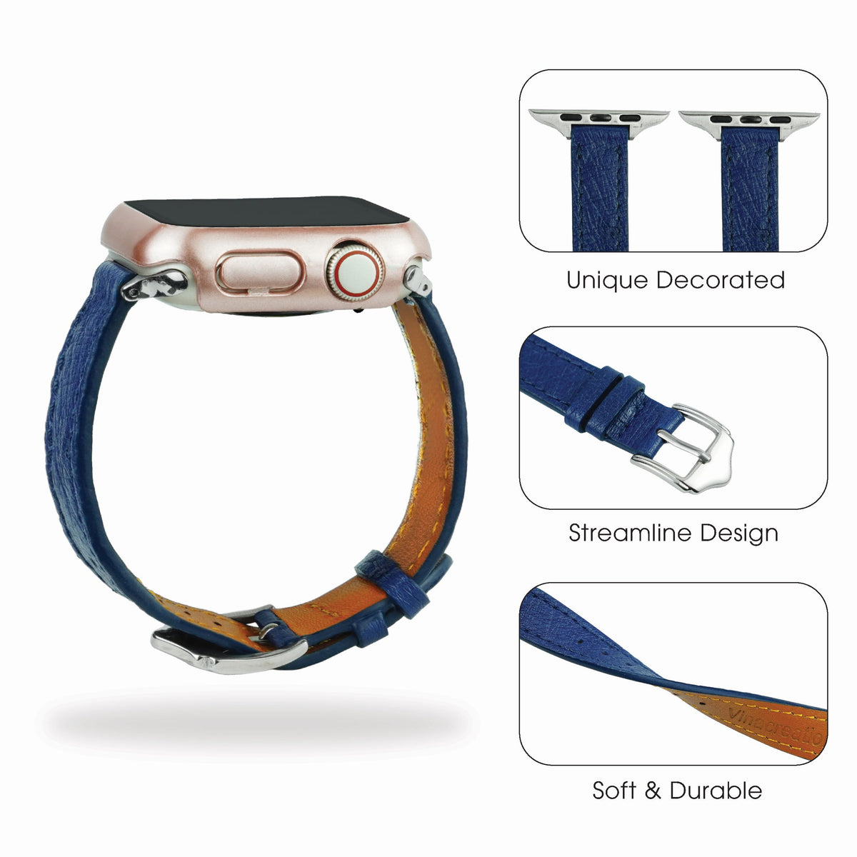 Blue Flat Ostrich Leather Band Compatible Apple Watch Iwatch for Women| Silver Buckle