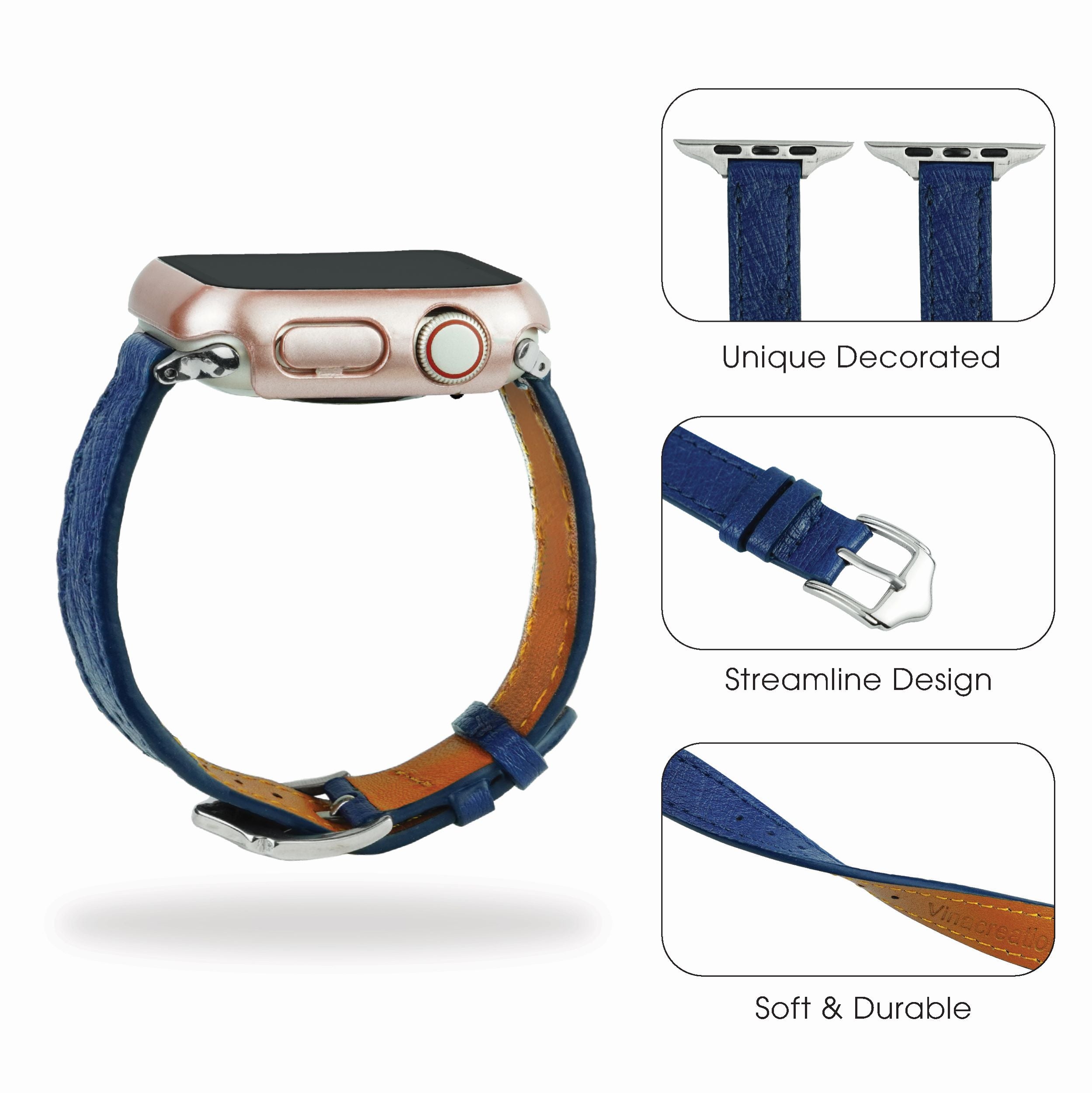 Blue Flat Ostrich Leather Band Compatible Apple Watch Iwatch 38mm Screen Protector Case Black Adapter Replacement Strap For Smartwatch Series 1 2 3 Leather Handmade AW-184S-W-38MM
