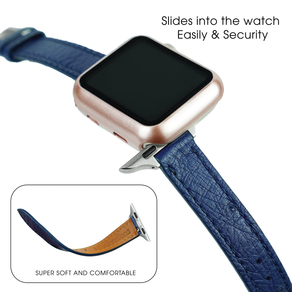 Blue Flat Ostrich Leather Band Compatible Apple Watch Iwatch for Women| Silver Buckle