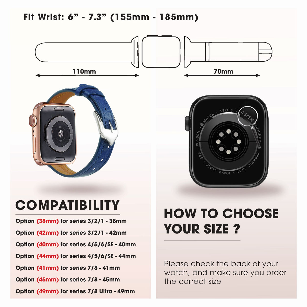 Blue Flat Ostrich Leather Band Compatible Apple Watch Iwatch for Women| Gold Buckle