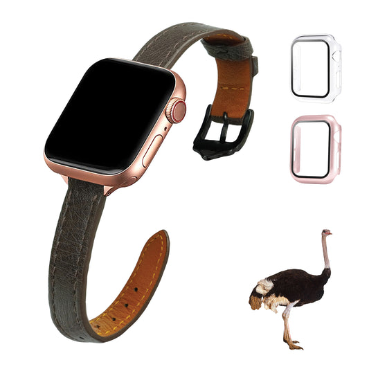 Dark Brown Flat Ostrich Leather Band Compatible Apple Watch Iwatch for Women| Black Buckle