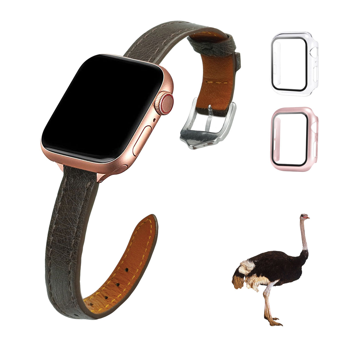 Dark Brown Flat Ostrich Leather Band Compatible Apple Watch Iwatch for Women| Silver Buckle