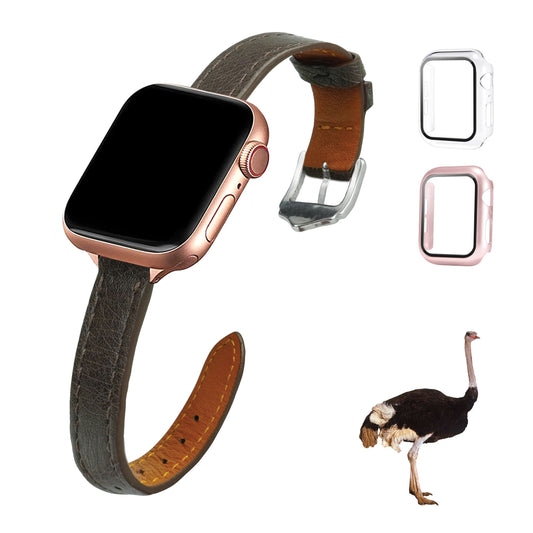 Dark Brown Flat Ostrich Leather Band Compatible Apple Watch Iwatch for Women| Silver Buckle