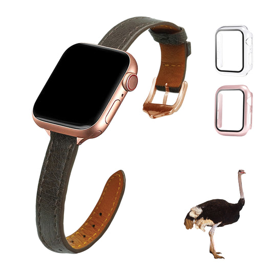 Dark Brown Flat Ostrich Leather Band Compatible Apple Watch Iwatch for Women| Gold Buckle