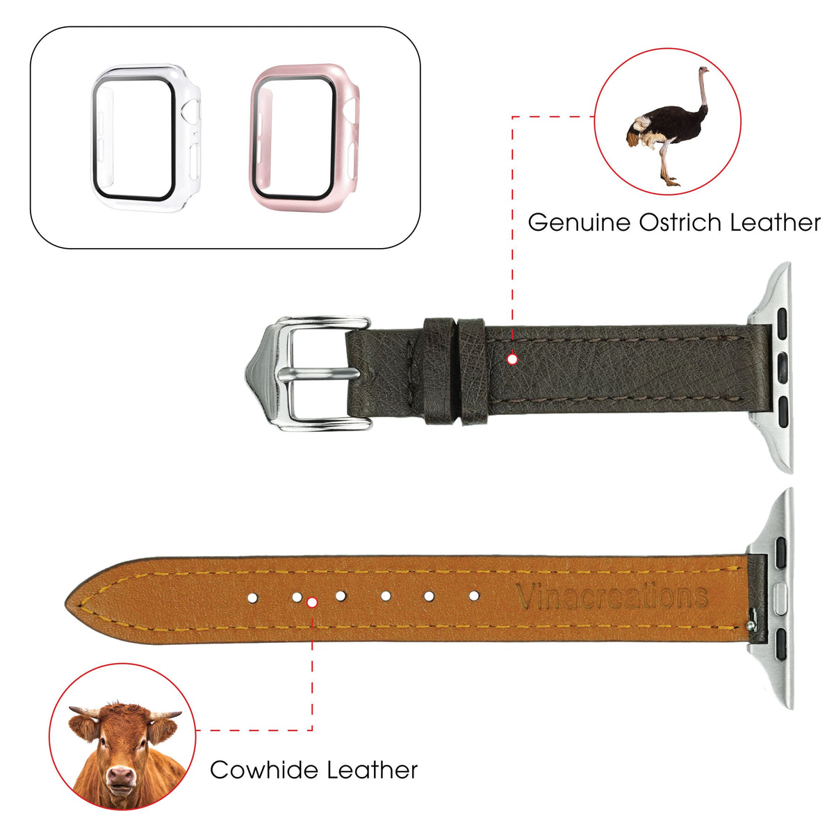 Dark Brown Flat Ostrich Leather Band Compatible Apple Watch Iwatch for Women| Silver Buckle