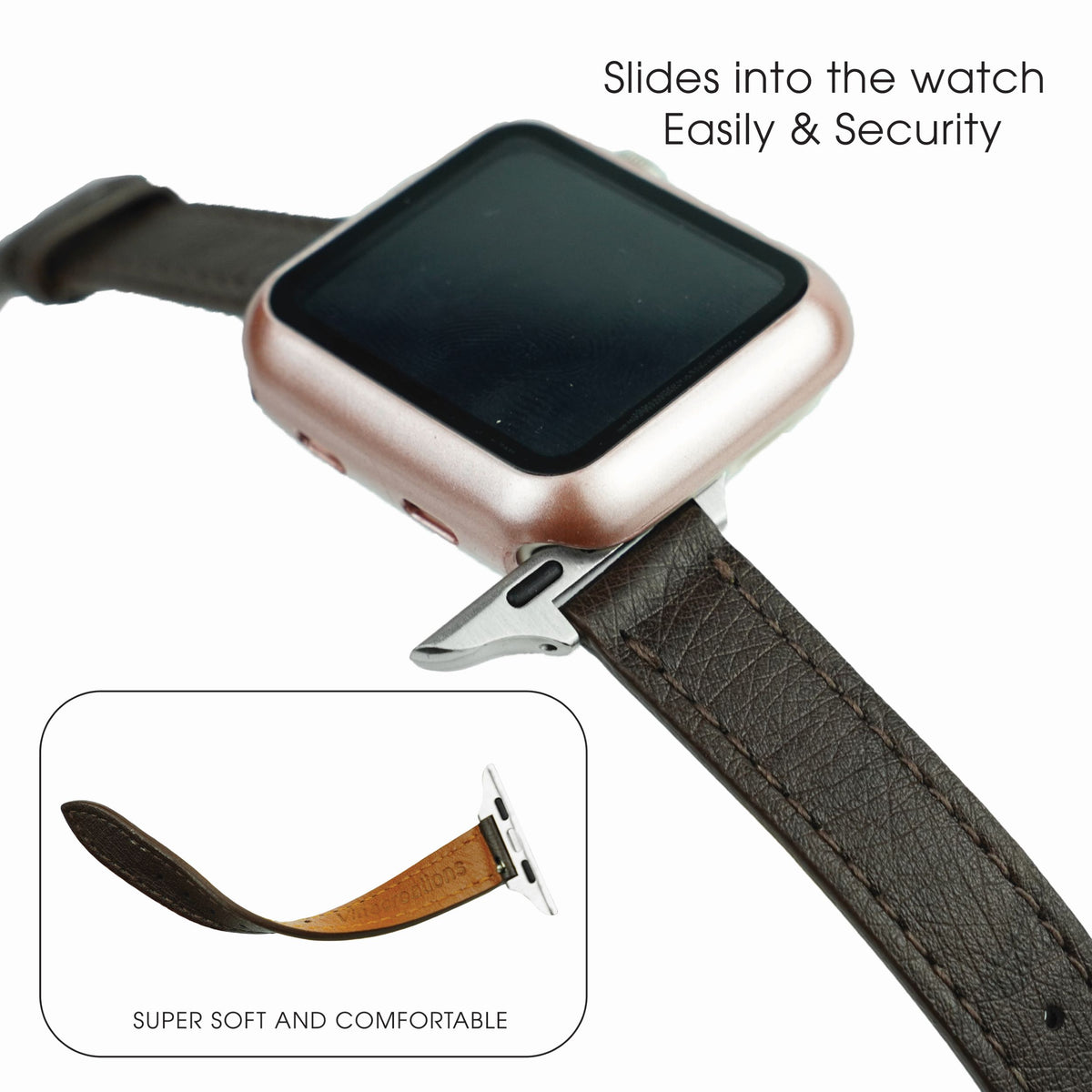 Dark Brown Flat Ostrich Leather Band Compatible Apple Watch Iwatch for Women| Silver Buckle