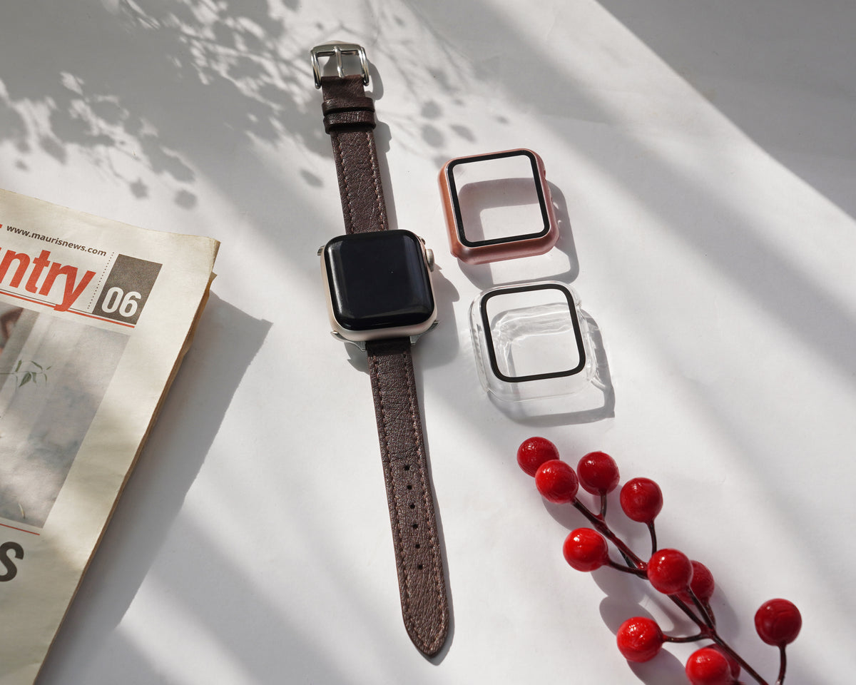 Dark Brown Flat Ostrich Leather Band Compatible Apple Watch Iwatch for Women| Silver Buckle