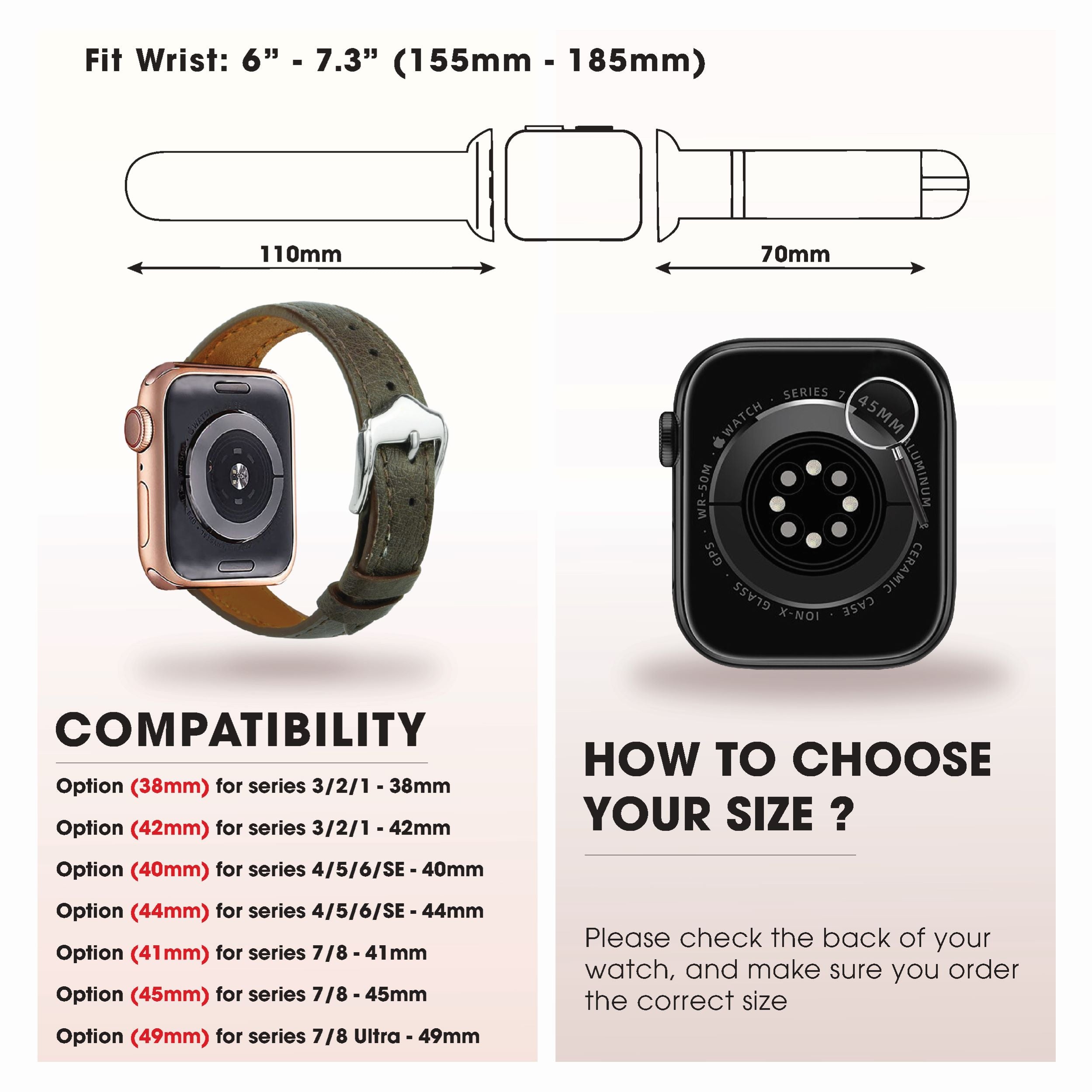 Dark Brown Flat Ostrich Leather Band Compatible Apple Watch Iwatch 49mm Screen Protector Case Black Adapter Replacement Strap For Smartwatch Series 7 8 Leather Handmade AW-183B-W-49MM