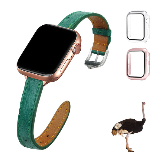 Green Flat Ostrich Leather Band Compatible Apple Watch Iwatch for Women| Silver Buckle
