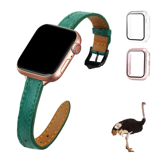 Green Flat Ostrich Leather Band Compatible Apple Watch Iwatch for Women| Black Buckle