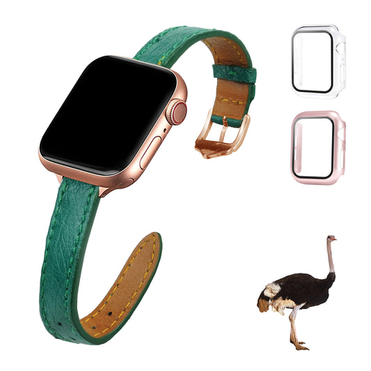 Green Flat Ostrich Leather Band Compatible Apple Watch Iwatch for Women| Gold Buckle