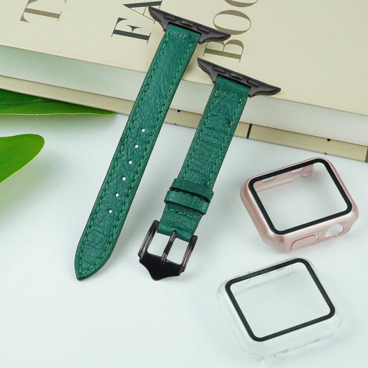 Green Flat Ostrich Leather Band Compatible Apple Watch Iwatch for Women| Black Buckle