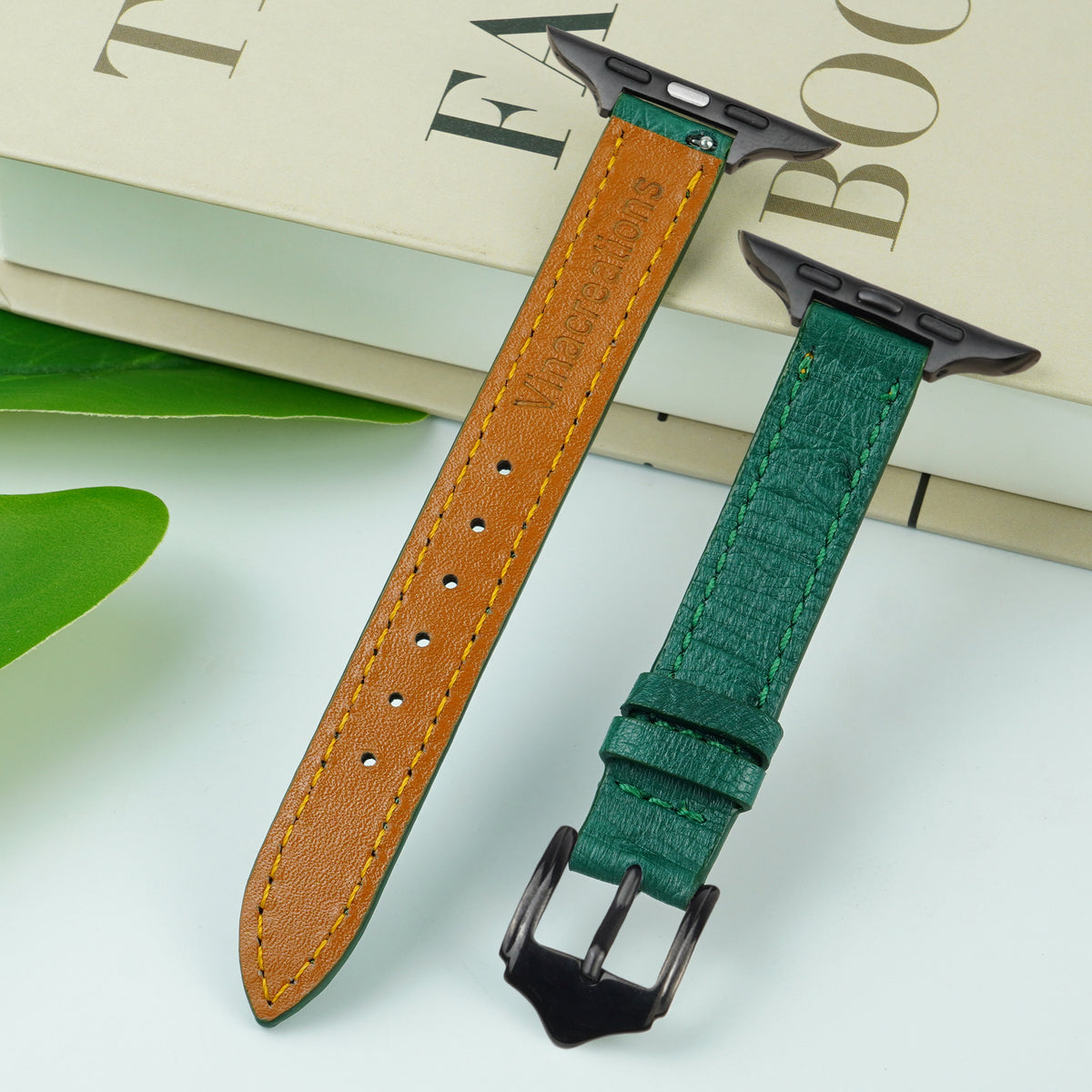 Green Flat Ostrich Leather Band Compatible Apple Watch Iwatch for Women| Black Buckle