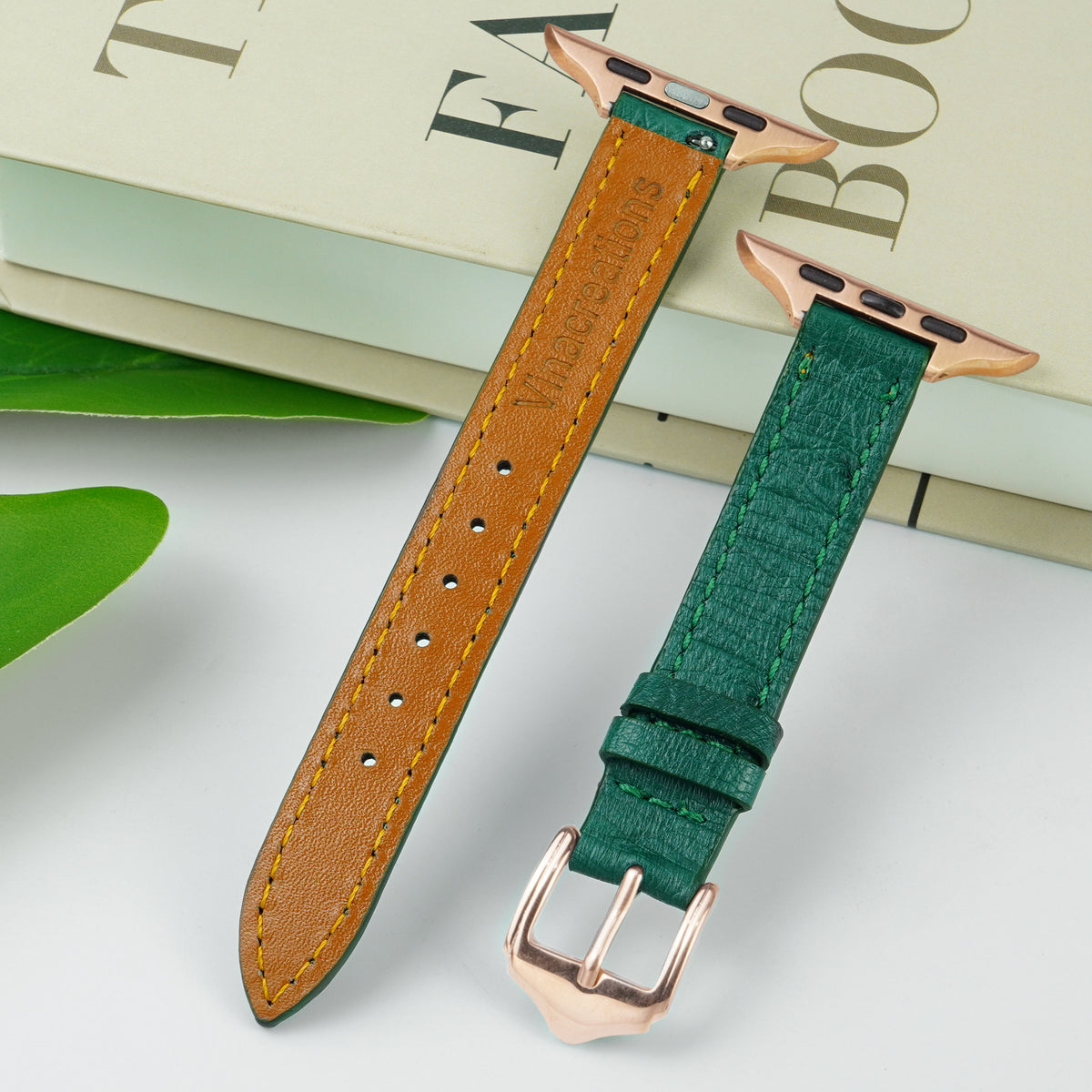 Green Flat Ostrich Leather Band Compatible Apple Watch Iwatch for Women| Gold Buckle