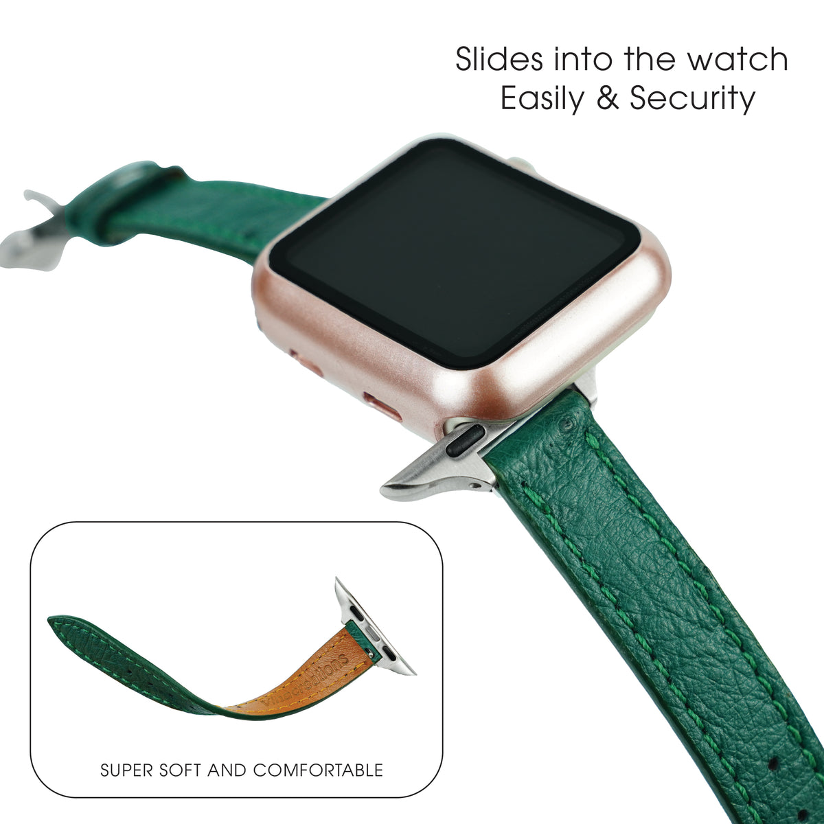 Green Flat Ostrich Leather Band Compatible Apple Watch Iwatch for Women| Silver Buckle