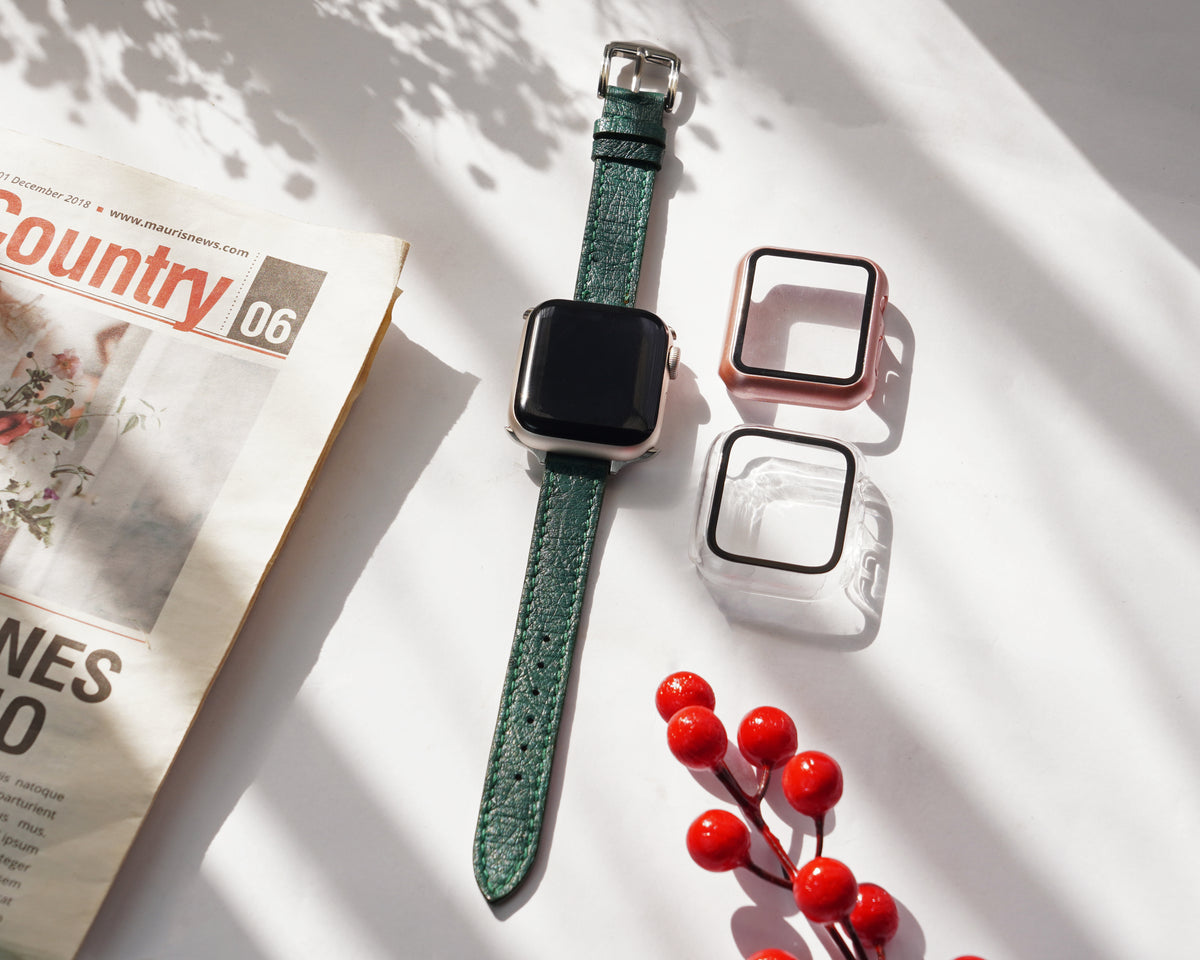 Green Flat Ostrich Leather Band Compatible Apple Watch Iwatch for Women| Silver Buckle