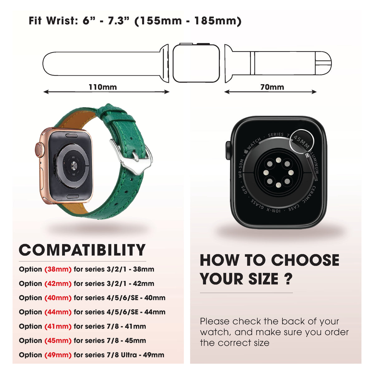 Green Flat Ostrich Leather Band Compatible Apple Watch Iwatch for Women| Silver Buckle