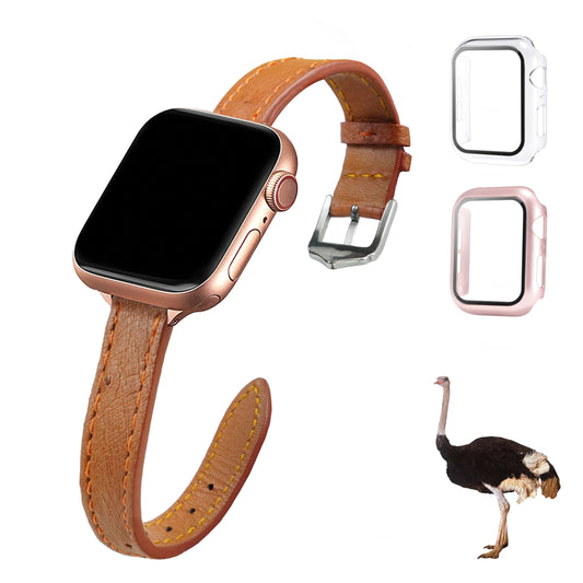 Light Brown Flat Ostrich Leather Band Compatible Apple Watch Iwatch for Women| Silver Buckle