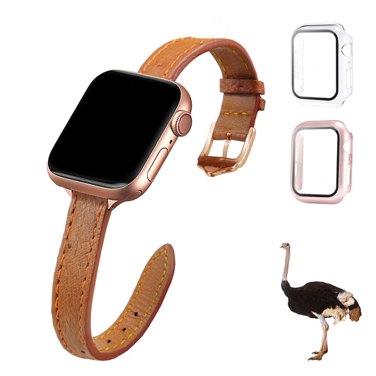 Light Brown Flat Ostrich Leather Band Compatible Apple Watch Iwatch for Women| Gold Buckle