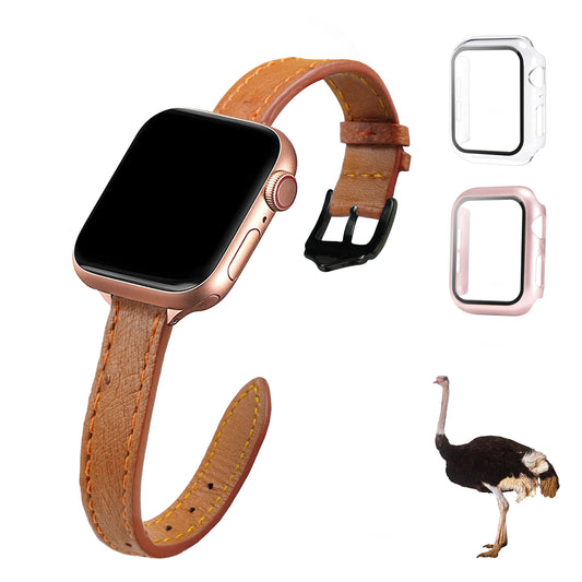 Light Brown Flat Ostrich Leather Band Compatible Apple Watch Iwatch for Women| Black Buckle
