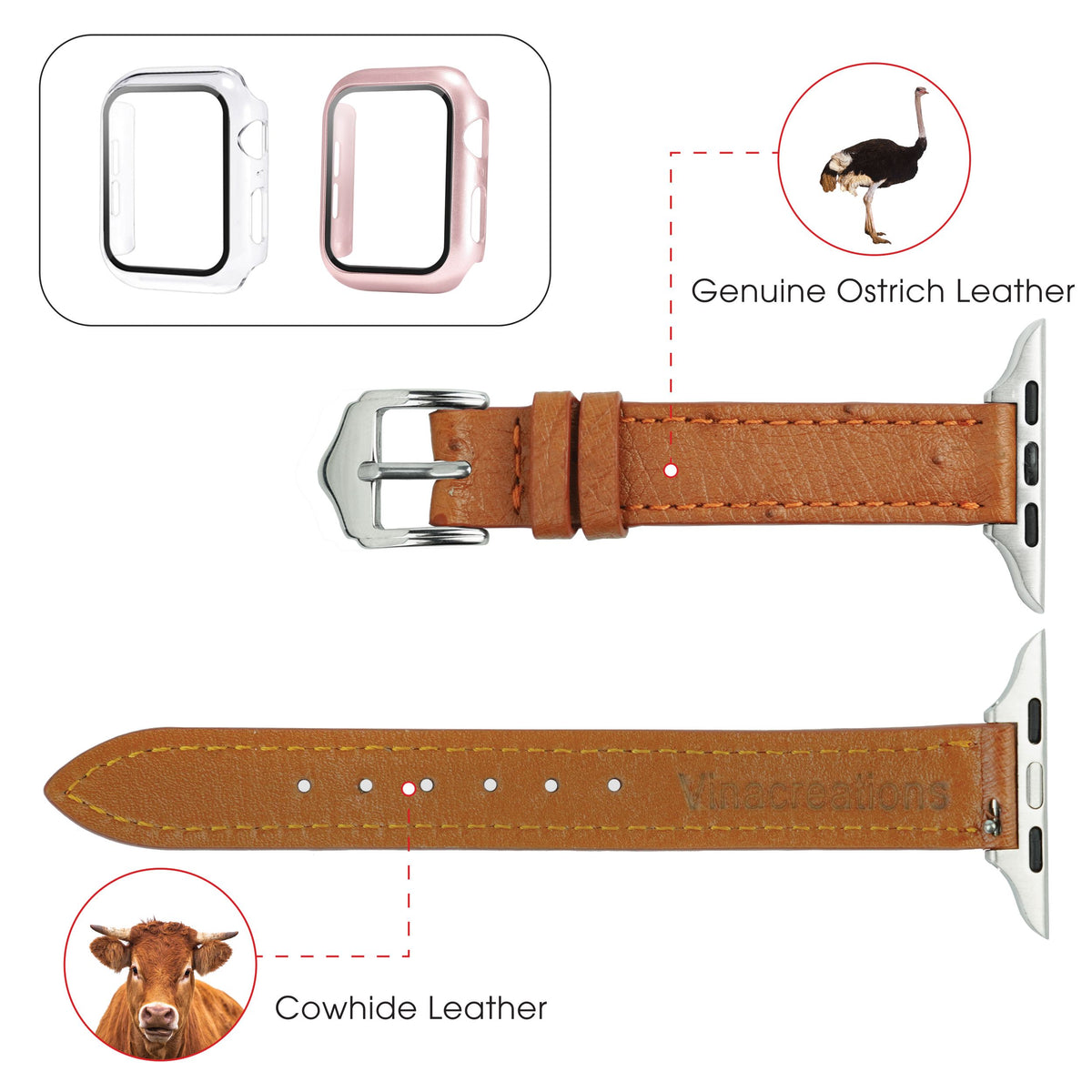 Light Brown Flat Ostrich Leather Band Compatible Apple Watch Iwatch for Women| Silver Buckle