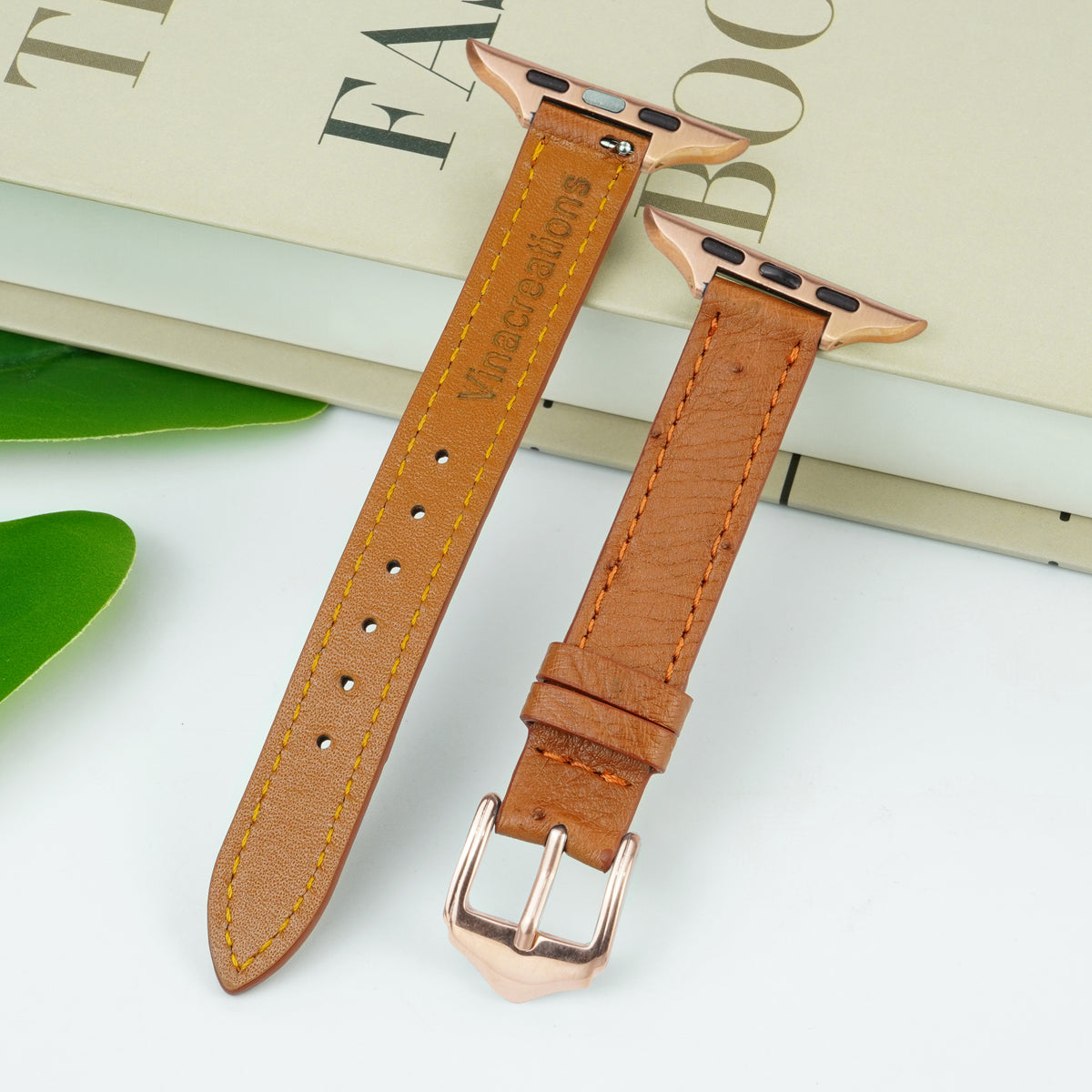 Light Brown Flat Ostrich Leather Band Compatible Apple Watch Iwatch for Women| Gold Buckle