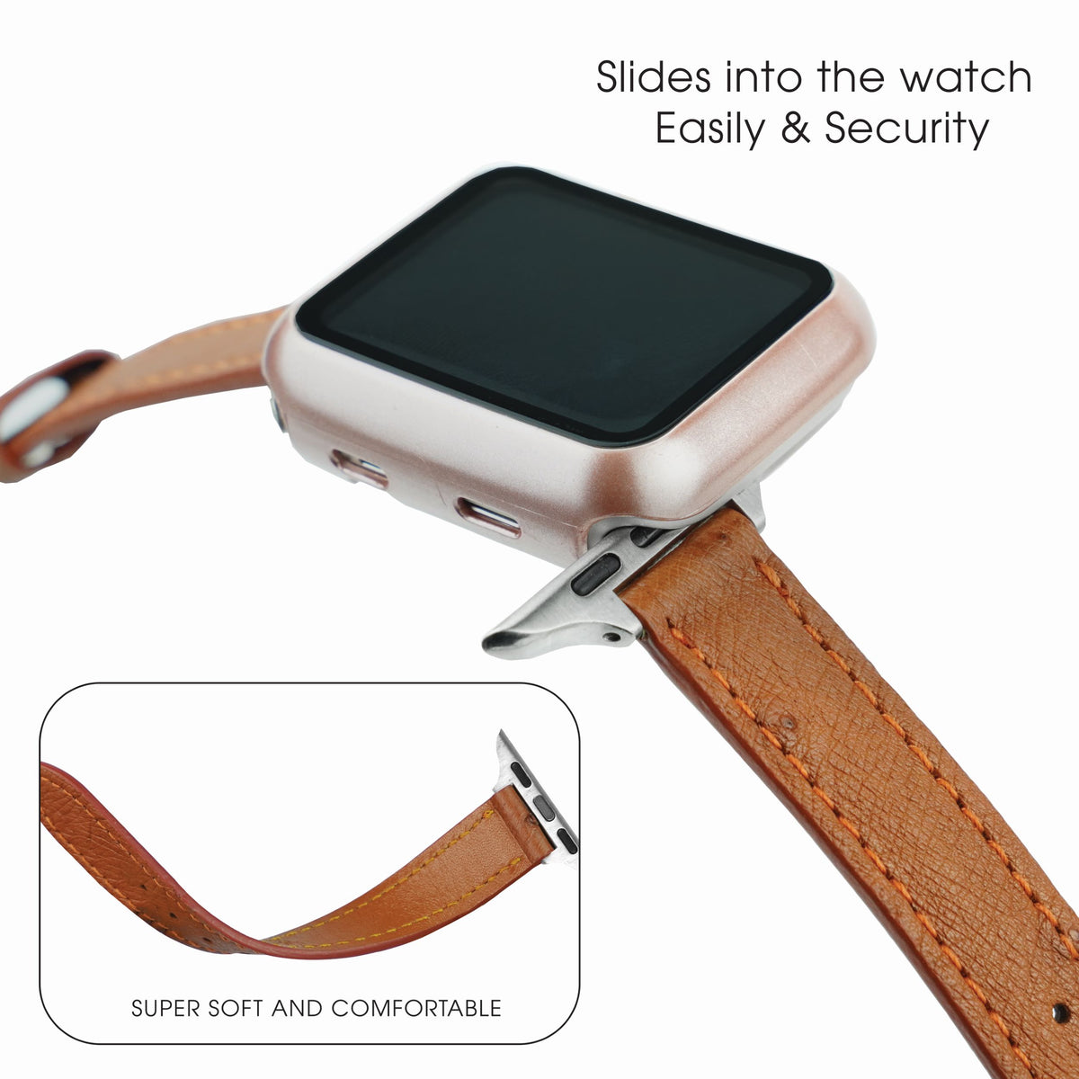 Light Brown Flat Ostrich Leather Band Compatible Apple Watch Iwatch for Women| Silver Buckle