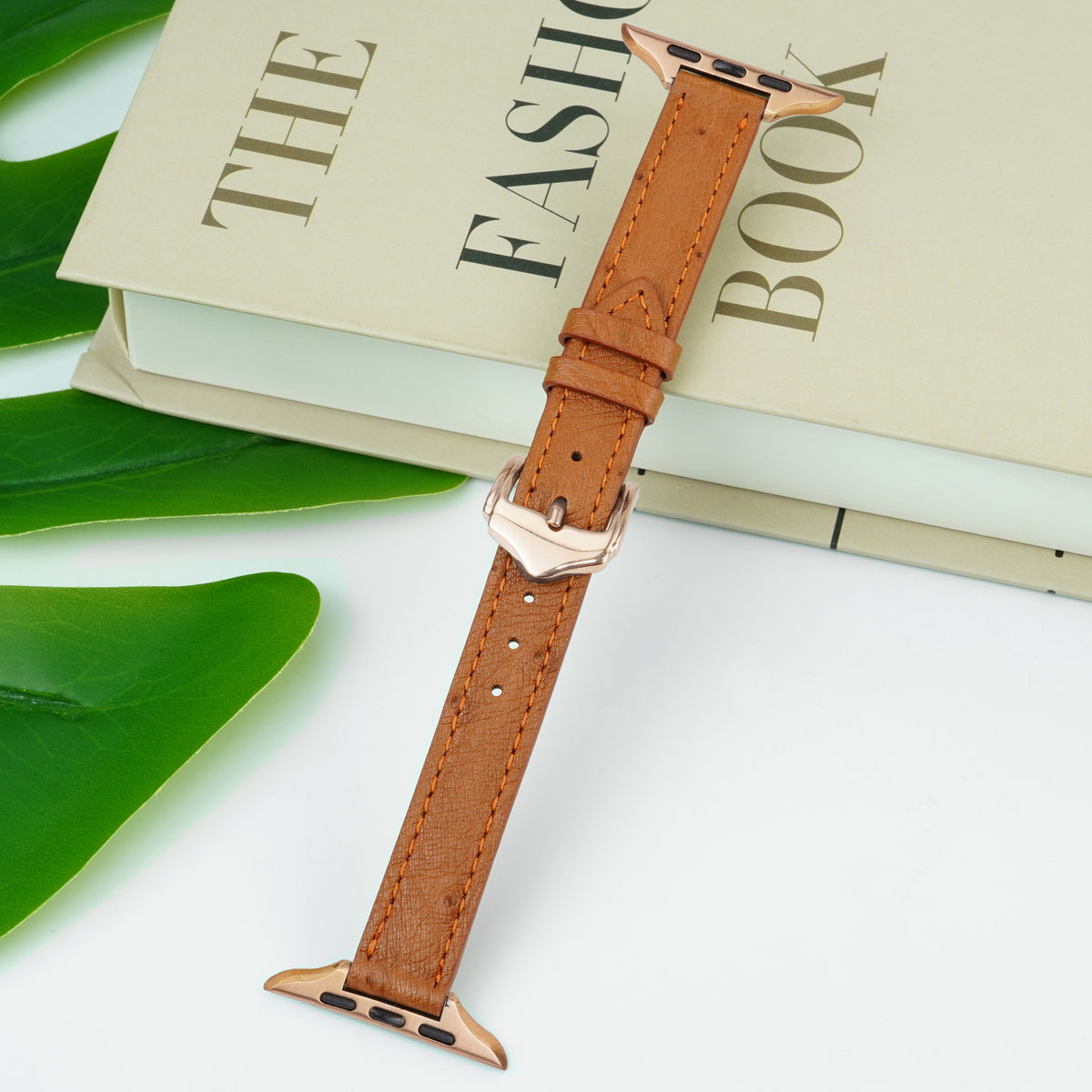Light Brown Flat Ostrich Leather Band Compatible Apple Watch Iwatch for Women| Gold Buckle