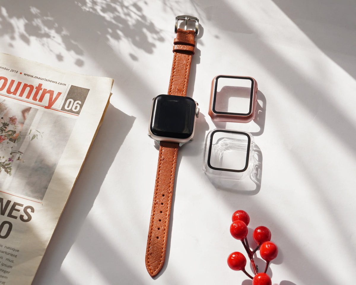 Light Brown Flat Ostrich Leather Band Compatible Apple Watch Iwatch for Women| Silver Buckle