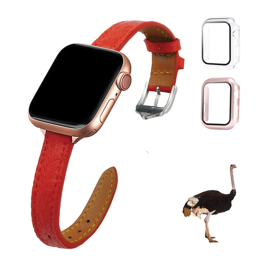 Red Flat Ostrich Leather Band Compatible Apple Watch Iwatch| Silver Buckle
