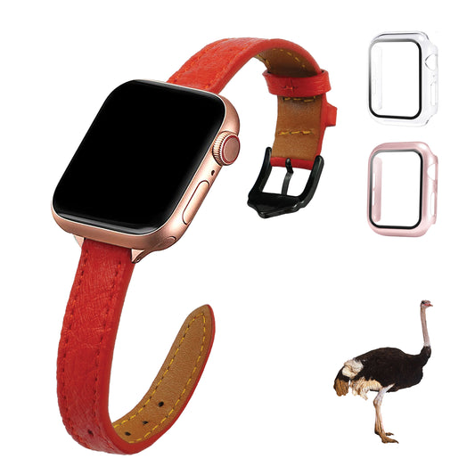 Red Flat Ostrich Leather Band Compatible Apple Watch Iwatch| Black Buckle
